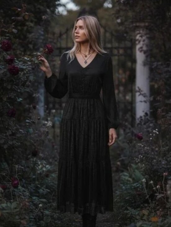 HALARA Dresses & Skirts - NWT HALARA Gothic Velvet Witchy Long Sleeve Black Tiered V-Neck Maxi Dress L